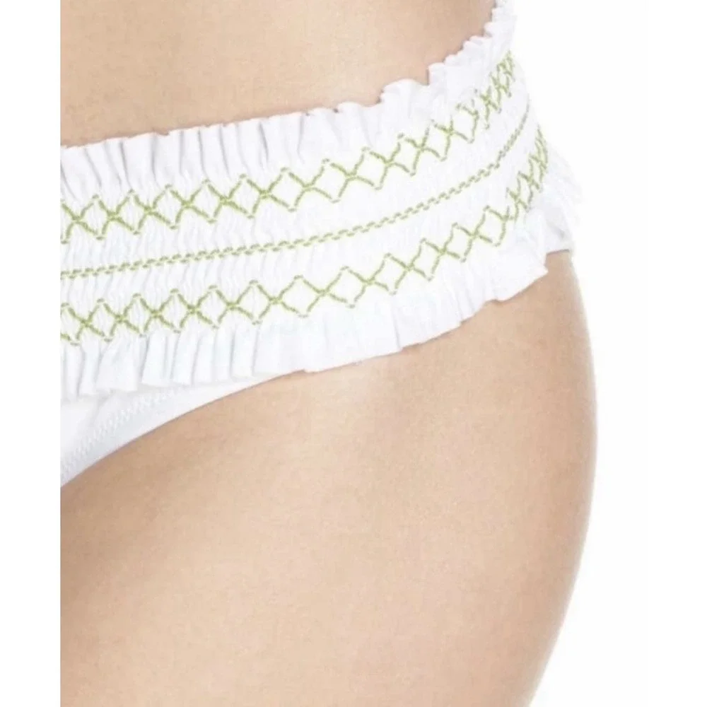 Tory Burch Costa‎ White Green Smocked Hipster Women's Bottom Ruffle Size Medium